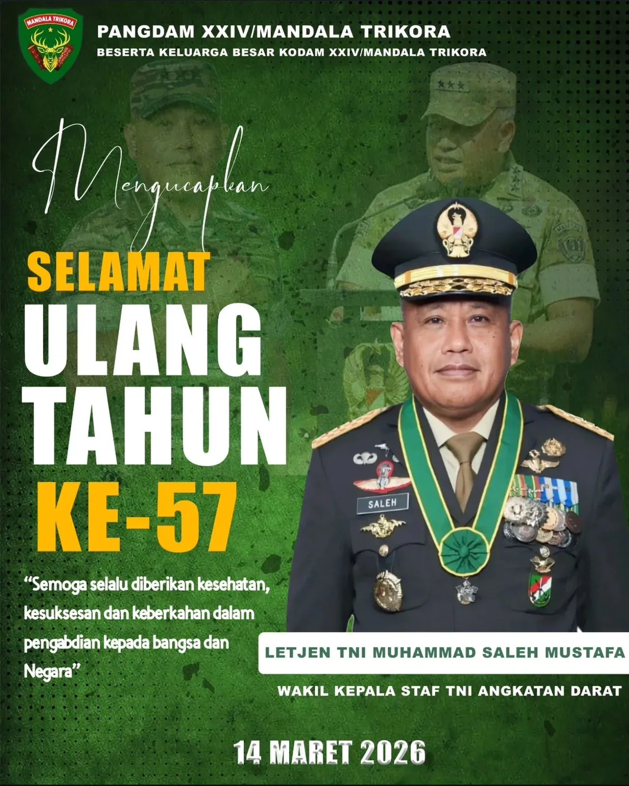 Selamat Ulang Tahun Ke-57 Letjen TNI Muhammad Saleh Mustafa Wakil Kepala Staf TNI Angkatan Darat